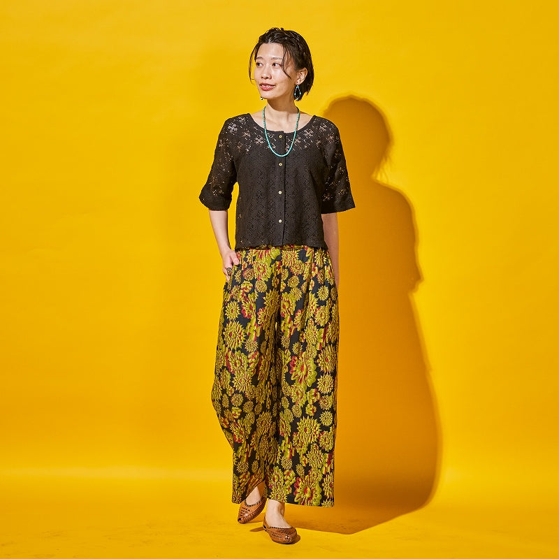 Terry Voile Flower Gradient Print Tuck Pants