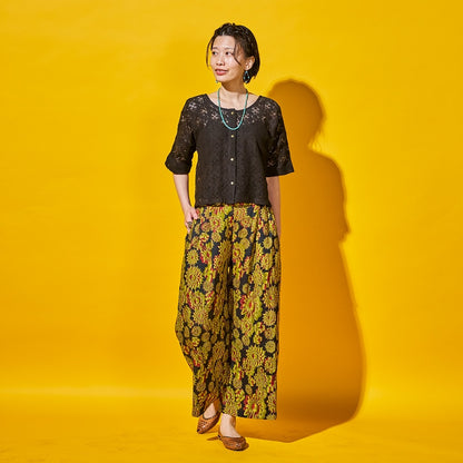 Terry Voile Flower Gradient Print Tuck Pants