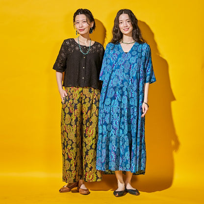Terry Voile Flower Gradient Print Tuck Pants