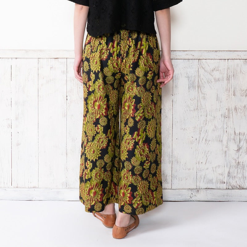 Terry Voile Flower Gradient Print Tuck Pants