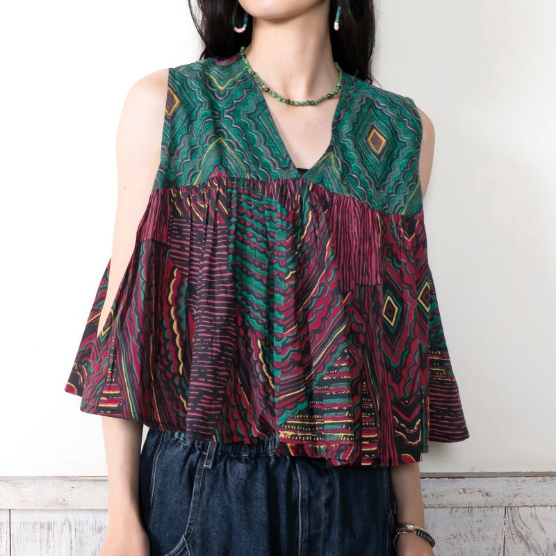 Cotton Oriental Print Flare Pullover