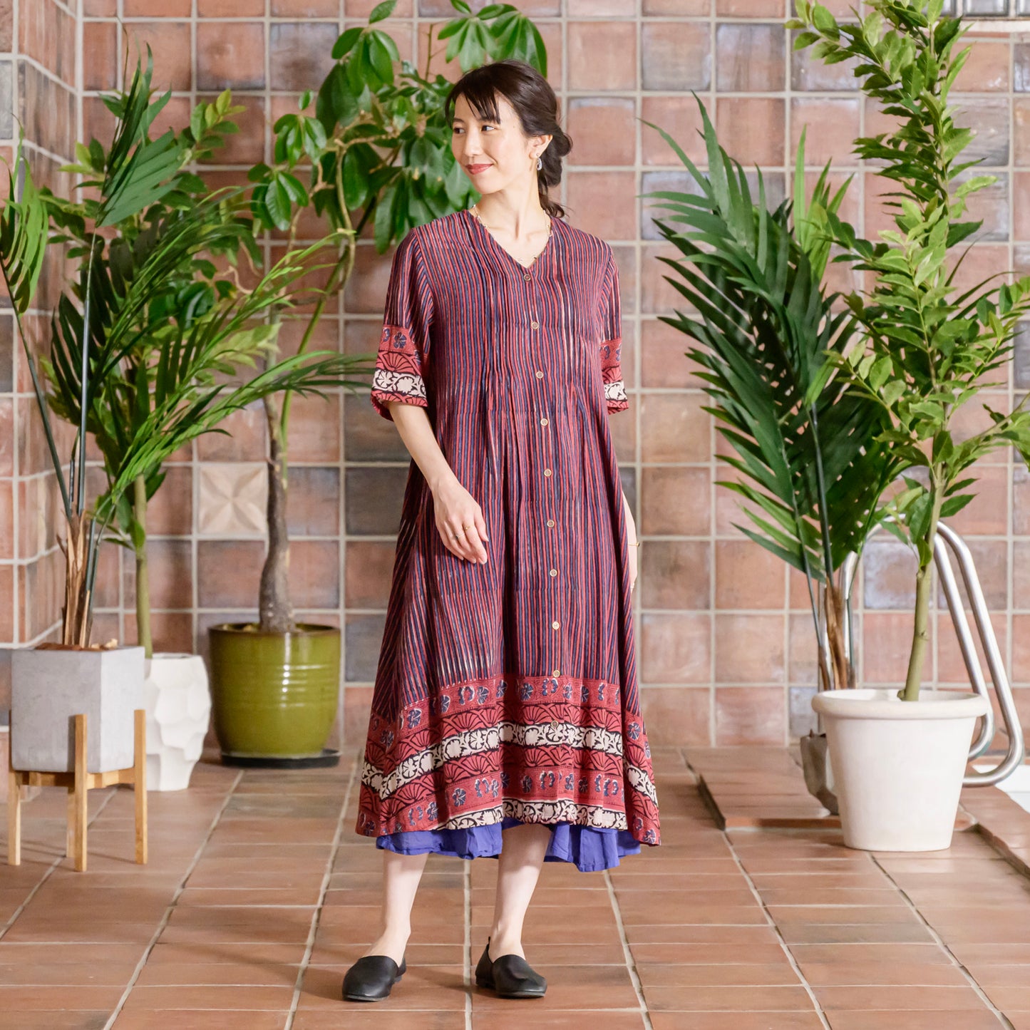 纯棉巴格鲁条纹植物图案印花衬衫裙